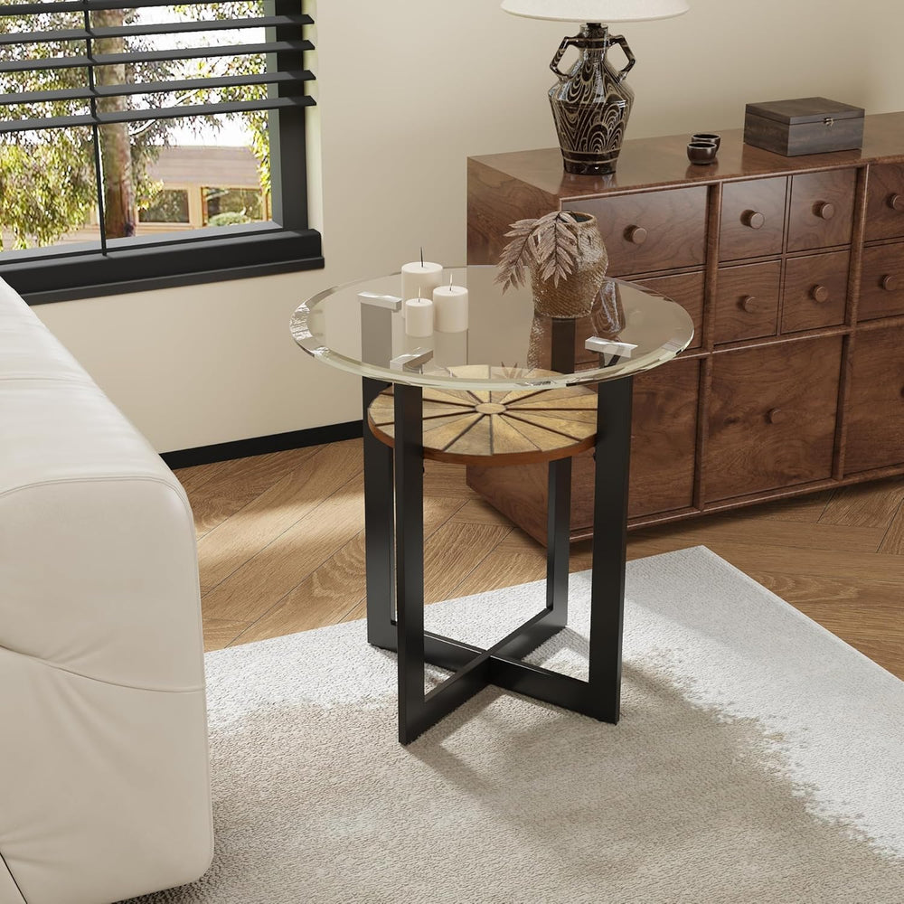 2-Tier Round End Side Table with 8mm Tempered Glass Top, Sofa Bedside Table w...