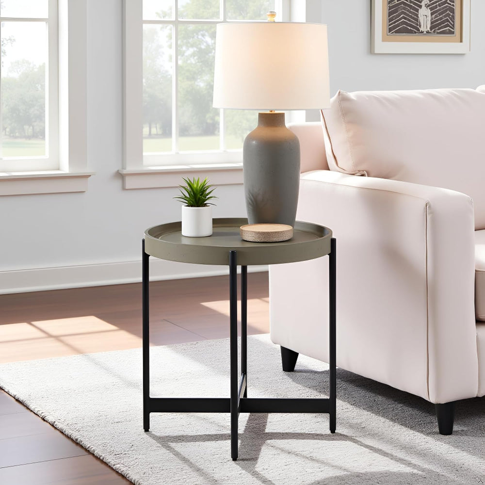 Brookline 20-Inch Round Wood End Table with Concrete Coating and Powder-Coate...