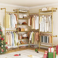 ONBRILL L4 Wall Mounted Industrial Pipe Clothing Rack, Closet Organizer System with 6 Hanging Clothes Rods ( 4 Expandable Rods) & 8 Shelves, Heavy Duty Corner Garment Rack, Large Wardrobe - Gold