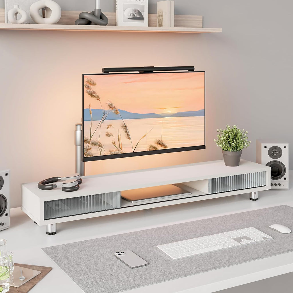 Fenge Dual Monitor Stand, 42.5inch Long Monitor Stands Riser for 2 Monitors, Sliding Door with Storage Organizer Stand for Desk, 2 Tier Desk Shelf for Laptop, Pc, Printer, Computer, TV