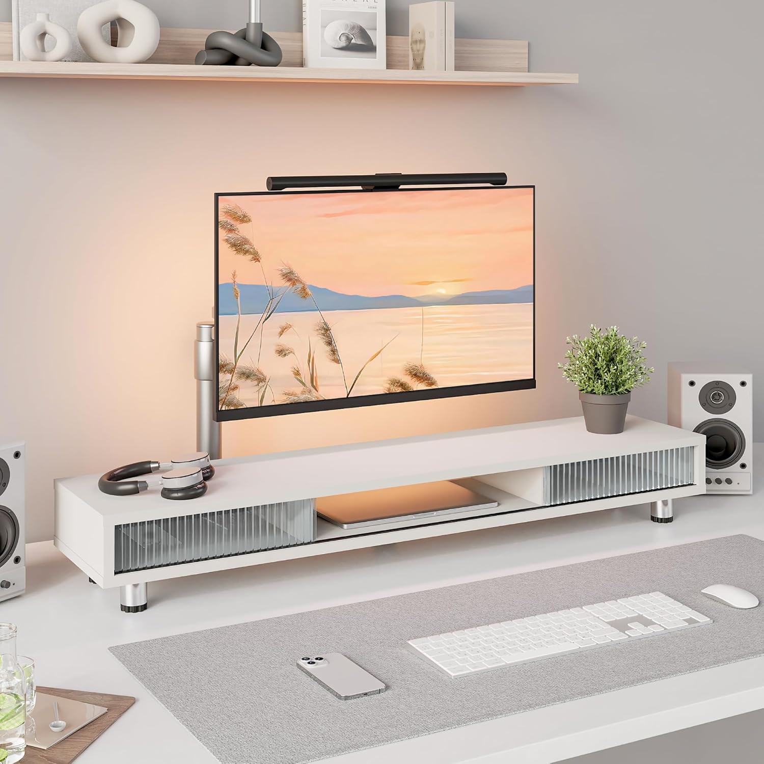 Fenge Dual Monitor Stand, 42.5inch Long Monitor Stands Riser for 2 Monitors, Sliding Door with Storage Organizer Stand for Desk, 2 Tier Desk Shelf for Laptop, Pc, Printer, Computer, TV