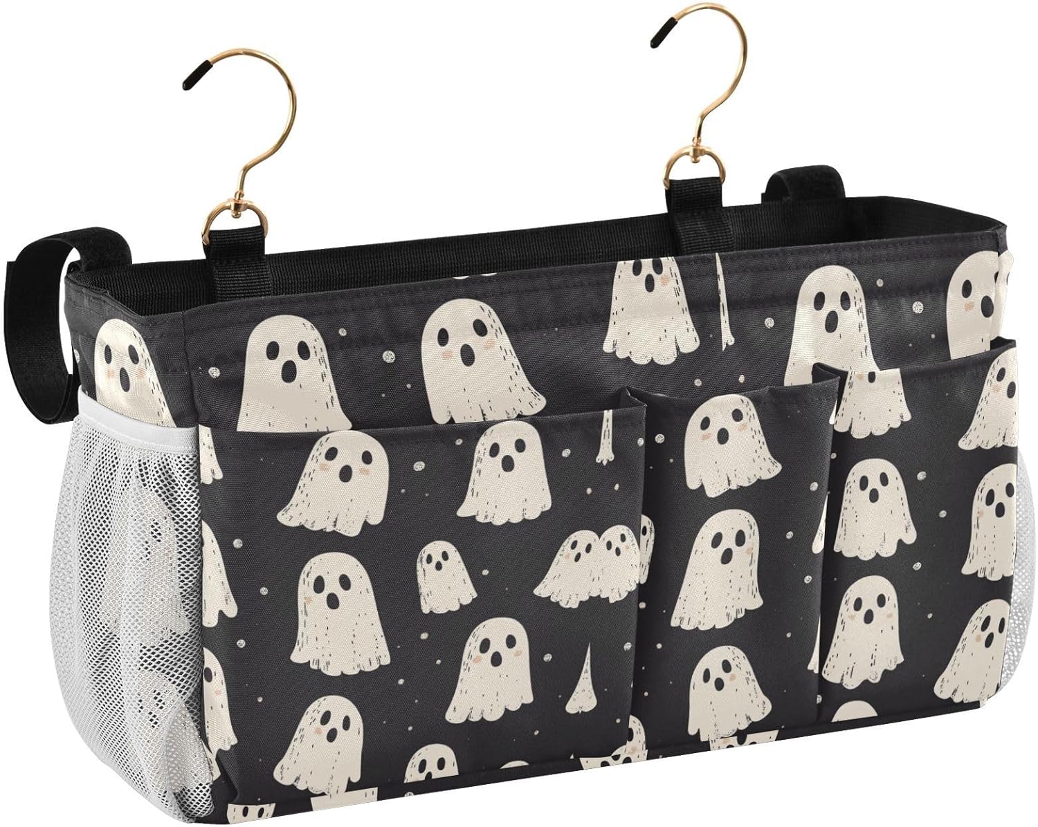 Cute Halloween Ghost Blacck Bedside Caddy for Dorm Bed Bedside Hanging Caddy Bag Iron Frame Storage Organizer Pocket for Bunk Home College Hospital Beds 2 Hooks