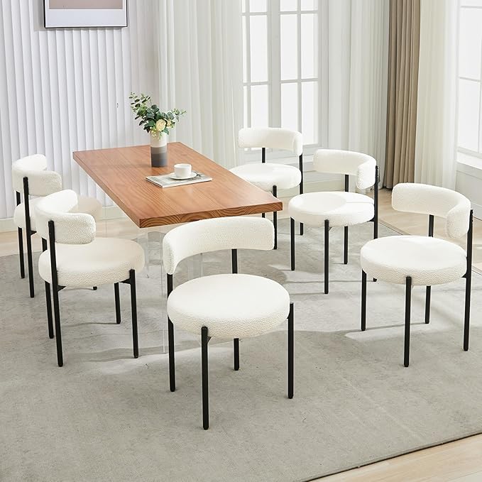 Boucle Dining Chairs Set of 6, Mid Century Modern Dining Room Chairs with Barrel Backrest, Upholstered White Kitchen Chairs for Dining Room, Restaurant