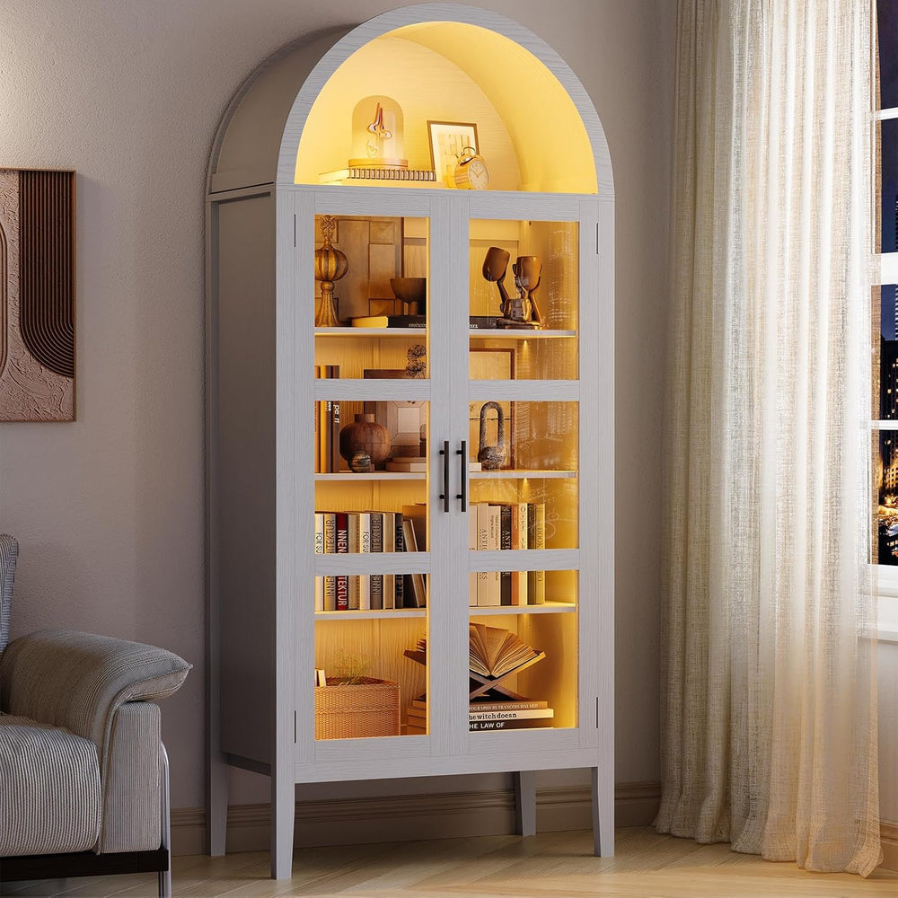 70" Tall Arched Pantry Cabinet with Tempered Glass Doors and LED Lightin...
