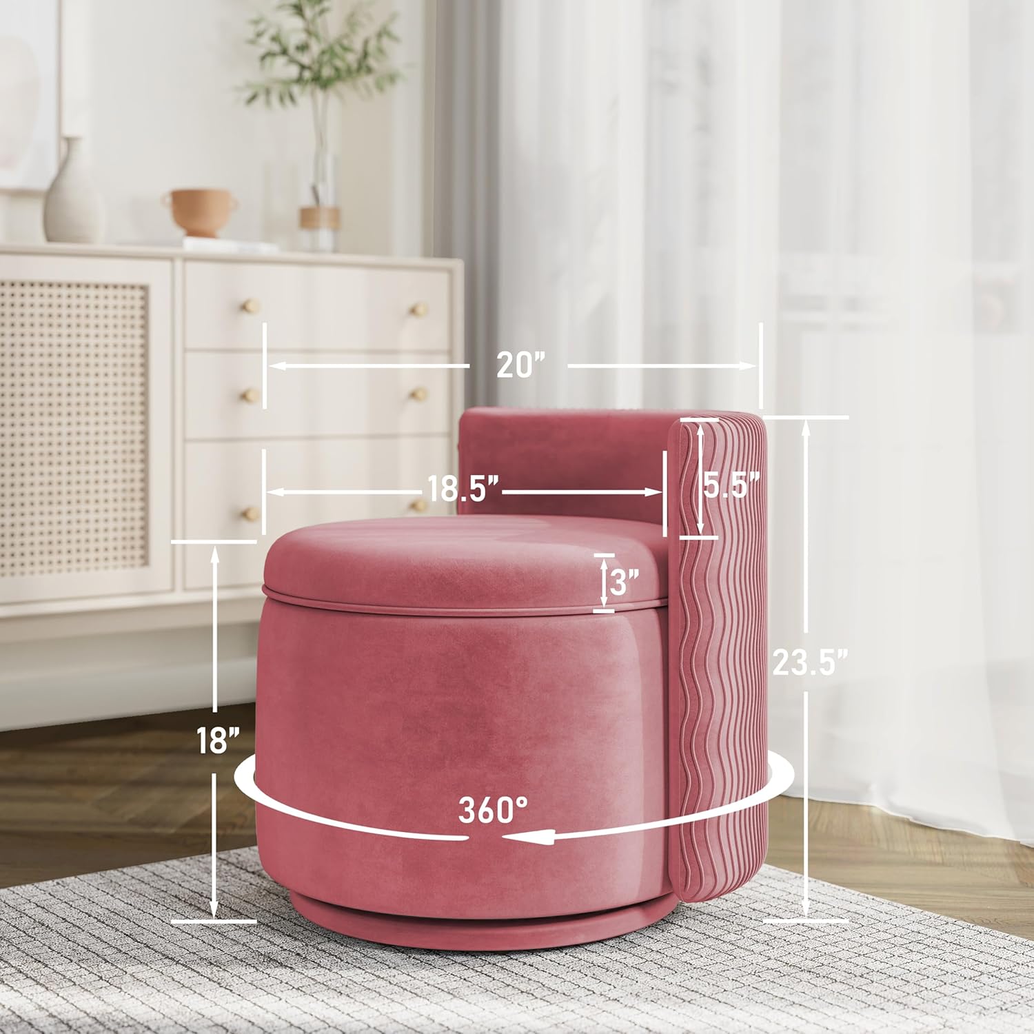 allamazing 360° Swivel Accent Chair with Storage, Vanity Stool with Back, Velvet Storage Ottoman, Upholstered Round Barrel Vanity Chair for Living Room, Makeup Room, Bedroom (Dusty Rose)