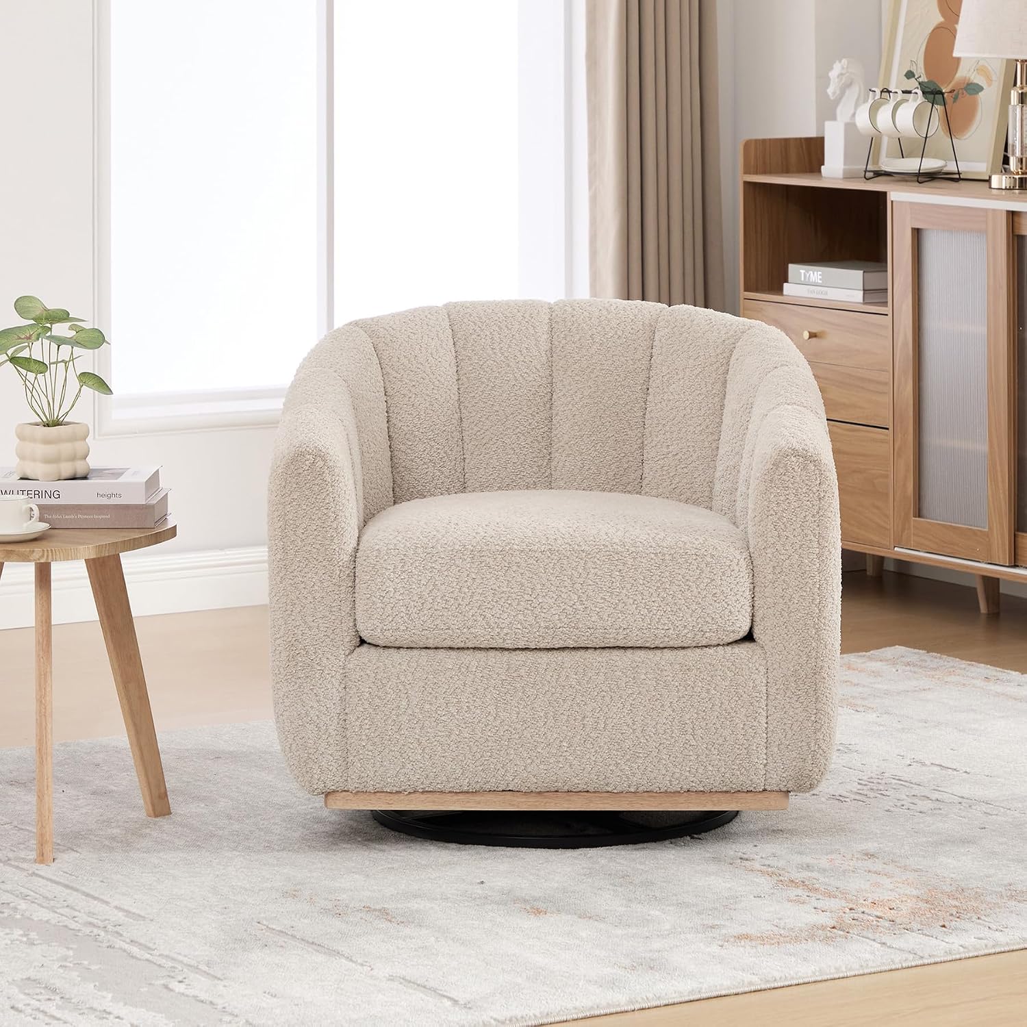 Swivel Barrel Chair Set of 2, 360 Degree Round Swivel Accent Chair for Living Room, Mid Century Modern Upholstered Accent Chair,Comfy Tufted Sofa Armchairs for Bedroom,Nursery,Boucle,Wheat