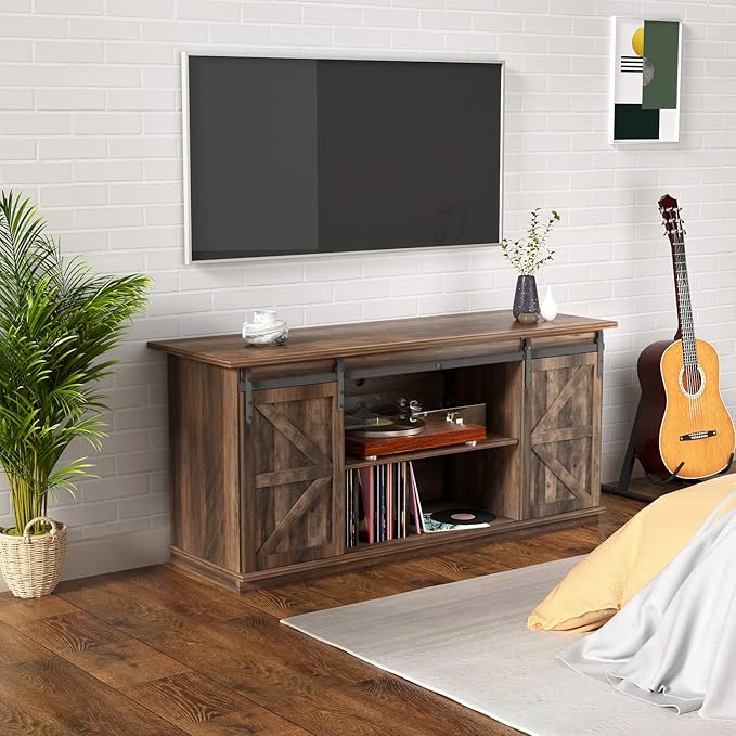 YESHOMY TV Stand for Televisions up to 65 Inches, with Sliding Barn Doors and Storage Cabinets, Console Table and Media Furniture for Living Room, 58 Inch, Barnwood