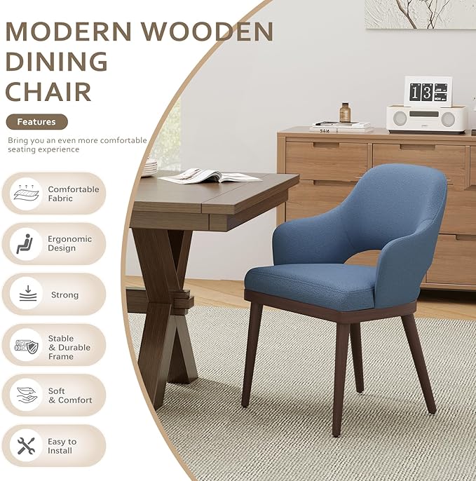 Wooden Dining Chairs Set of 4, Modern Fabric Upholstered Dining Room Chair, Kitchen Side Chairs, Farmhouse Dinner Chair with Open Back for Kitchen, Blue