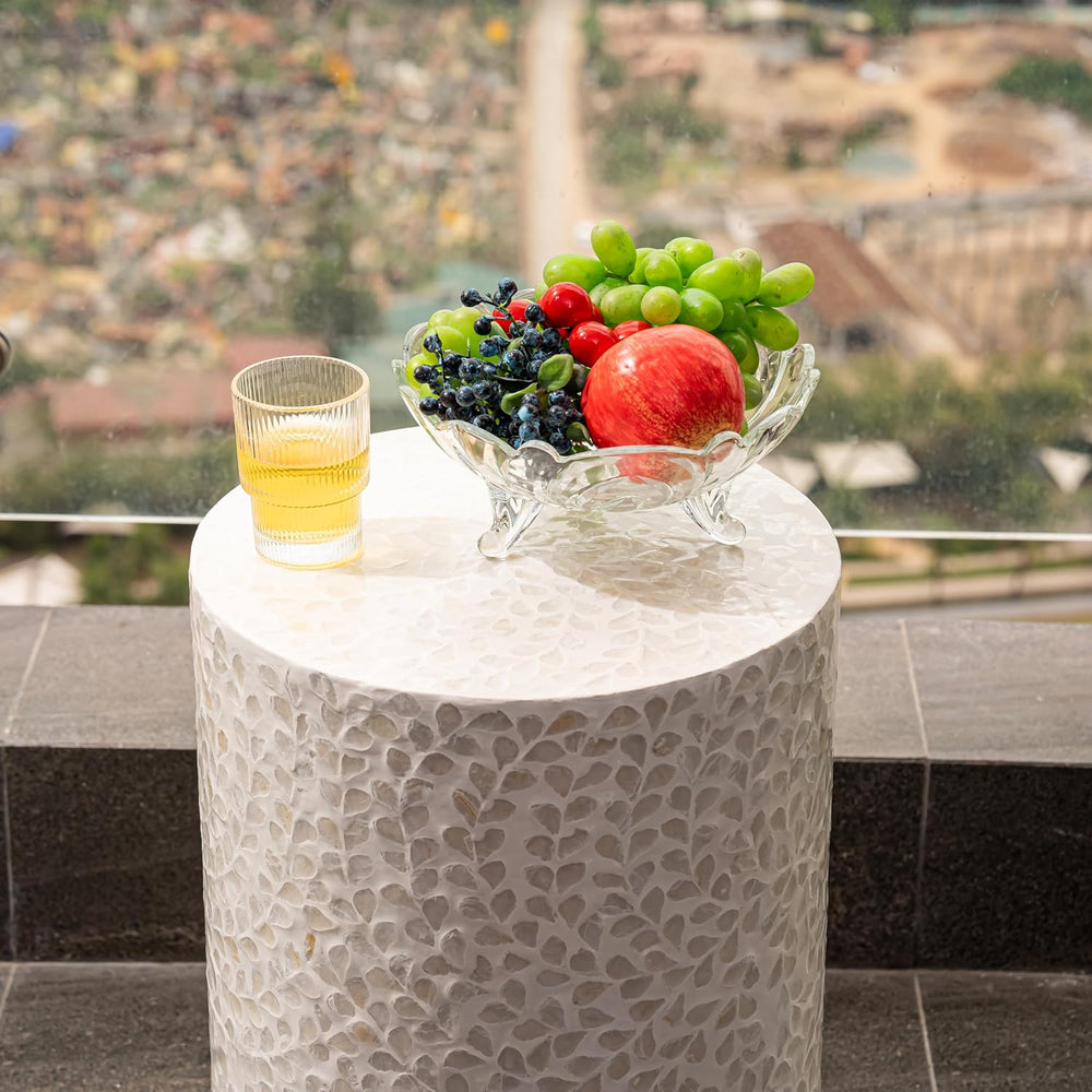 PEMAR Capiz Shell Cylinder Drum End Table Nacre Side Table Stool Accent Coffe...