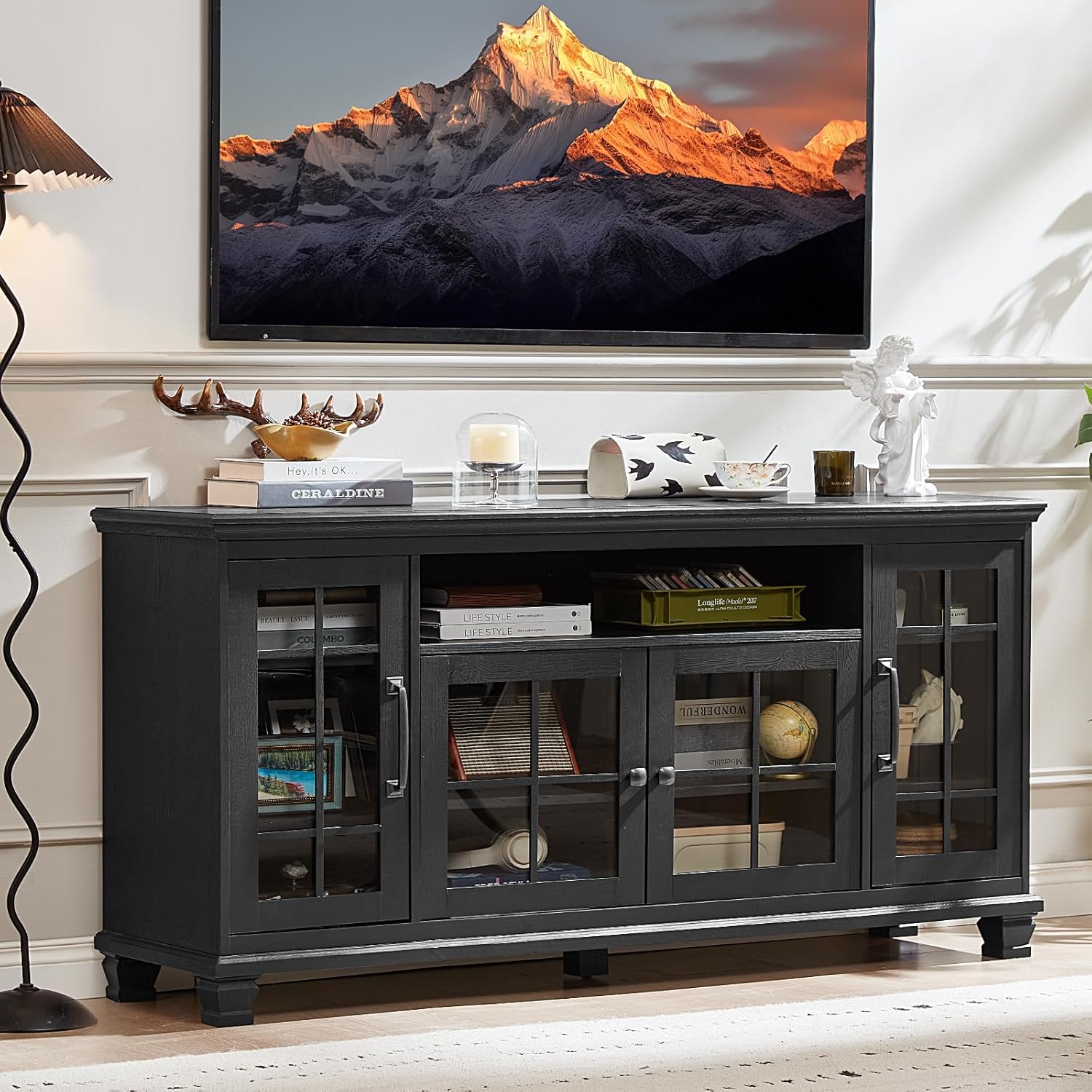 SAVOR LIFE 60-Inch Sideboard Buffet with Glass Doors, Black | 60-inch wood buffet with four glass doors, adjustable shelves and open storage for tableware, coffee bars and display