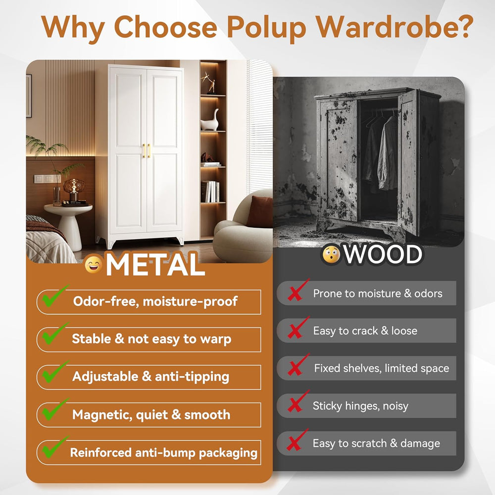 Polup 71" Metal Armoire Wardrobe Closet with Doors and Adjustable Shelve...