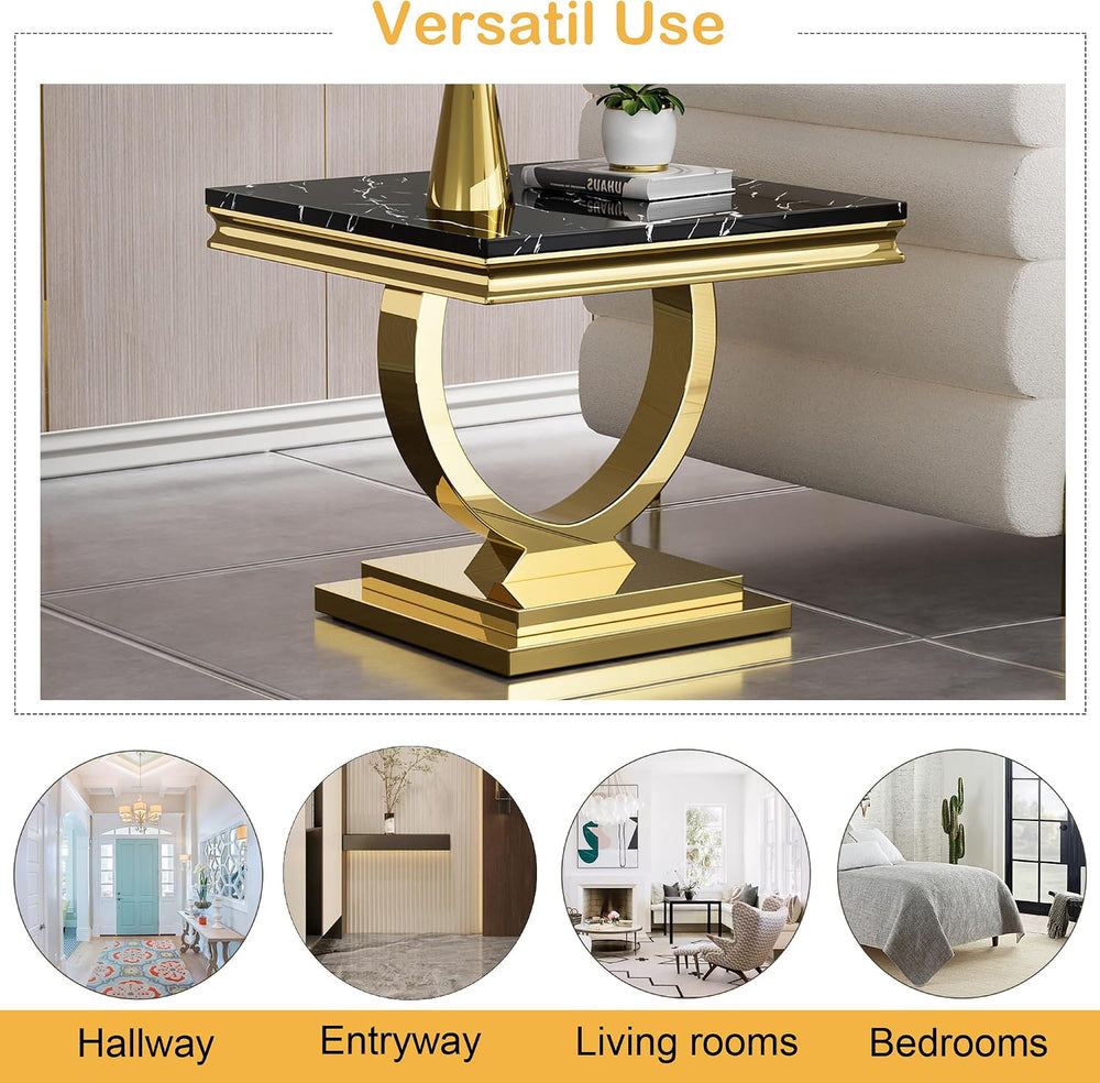 Modern Marble End Table, 22.8" Square Black Side Tables with Gold Stainl...