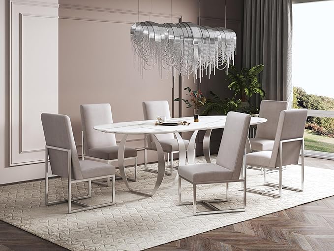 Manhattan Comfort Element Modern Velvet Dining Chairs, High Density Foam, Chrome Finish Stainless Steel Frame, High-Back, Fully Assembled Industrial Chic Accent Furniture, Set of 2, Champagne