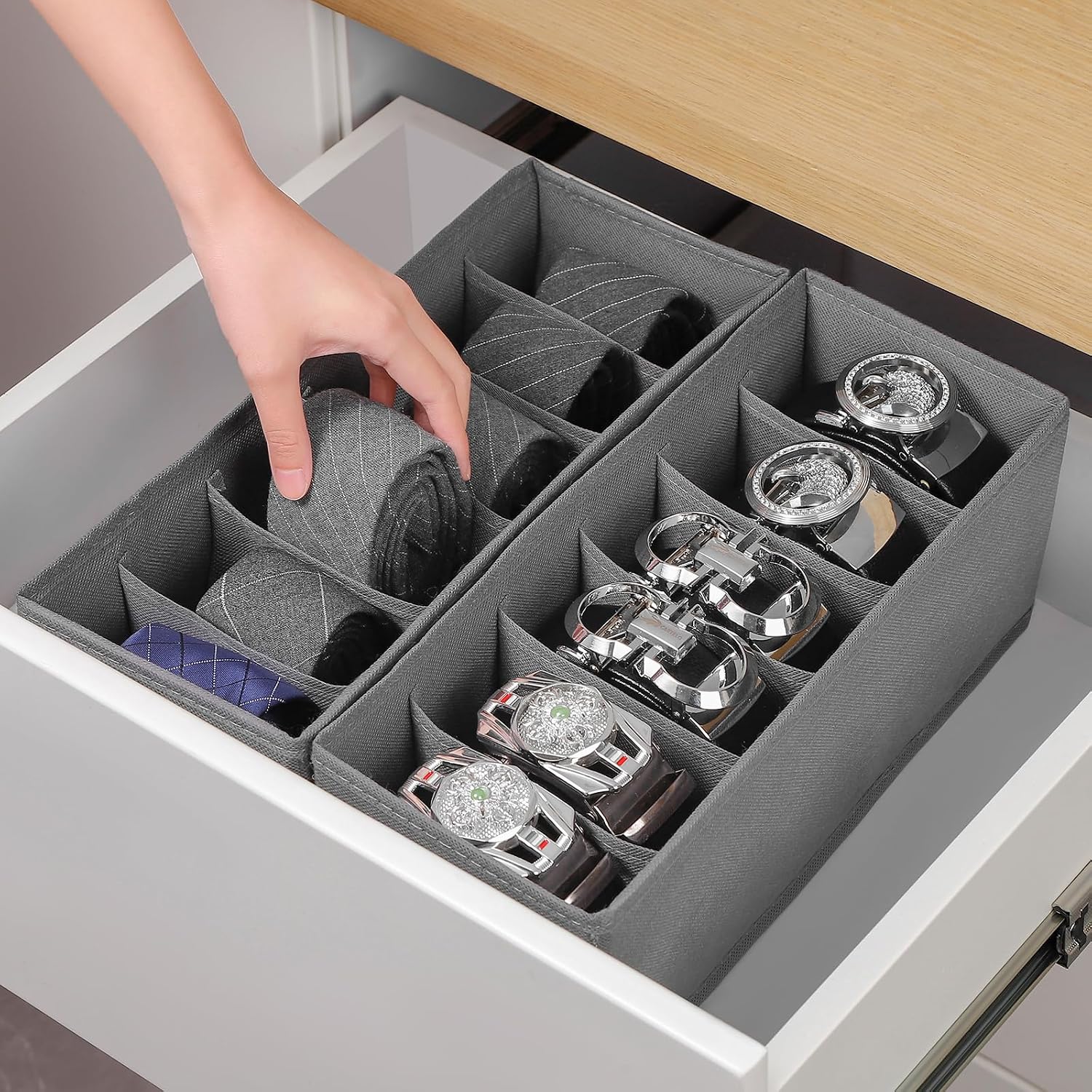 3 Packs Fabric Belt Organizer, 6 Grids Belt Organizer for Closet and Drawer, Foldable Dresser Drawer Organizers, Tie Storage -Dark Grey