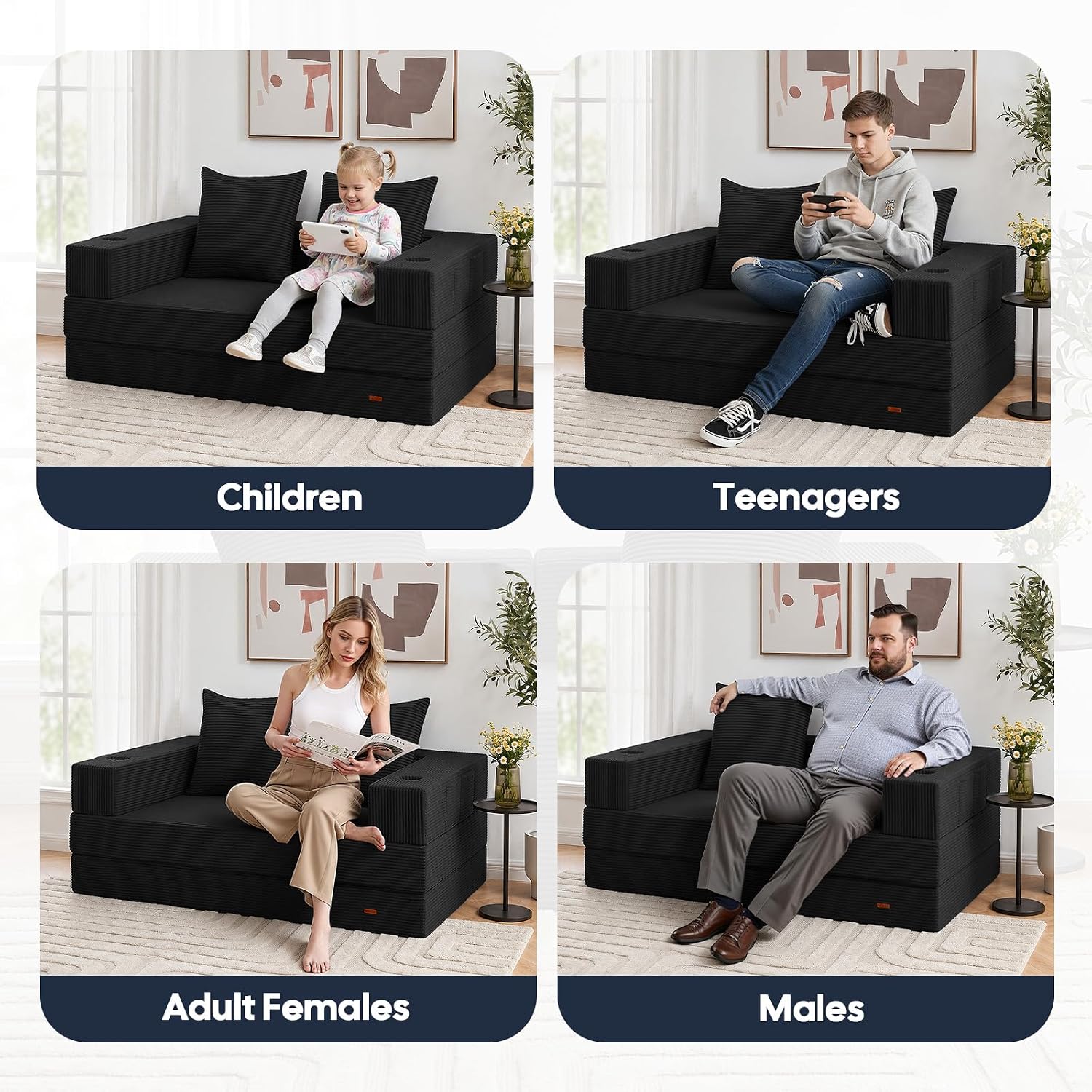 COMAX Futon Sofa Bed, 4‑in‑1 Convertible Sofa Bed, Folding Boneless Couches | Boneless Couch for living room, Fold Out Small Foldable Loveseat Floor Sleeper Mattress Lounge Space‑Saving, Black