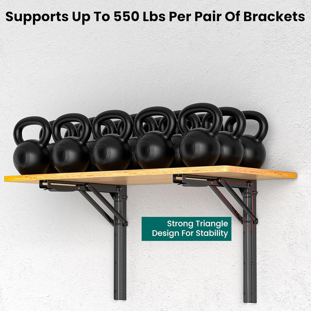 EVERHANGER 18 inch Folding Shelf Brackets for Garage, Heavy Duty Collapsible Shelf Bracket Steel Wall Mounted Table Brackets (Pack of 4, No Board)
