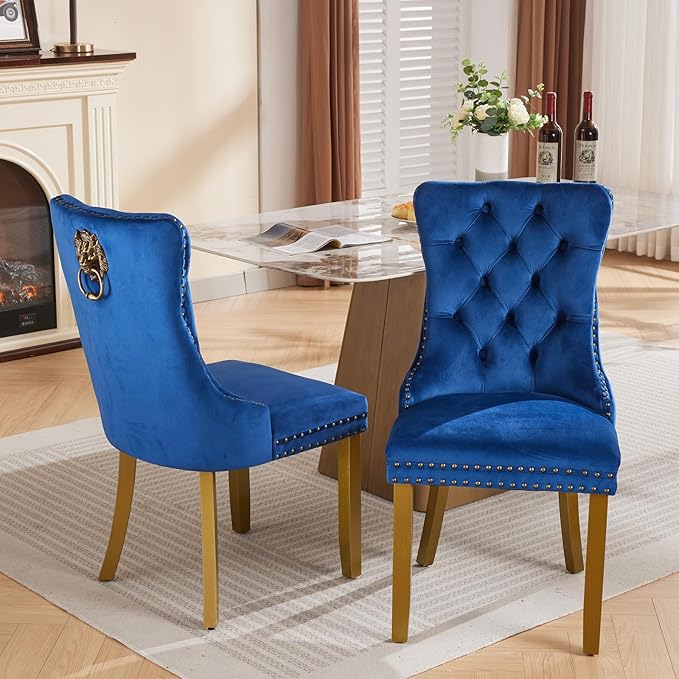 Velvet Dining Chairs Set of 2, Upholstered Dining Room Chairs with Lion Head Pulls Ring and Golden Solid Wood Legs, Modern Button Tufted Kitchen Chairs for Dining Room, Kitchen(Blue)