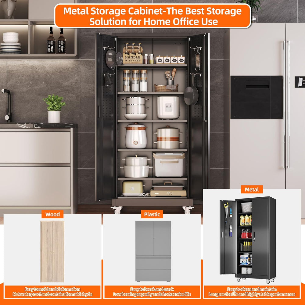 SUXXAN 71" Metal Storage Cabinet with Wheels, Pegboard, Lock, 5 Shelves ...