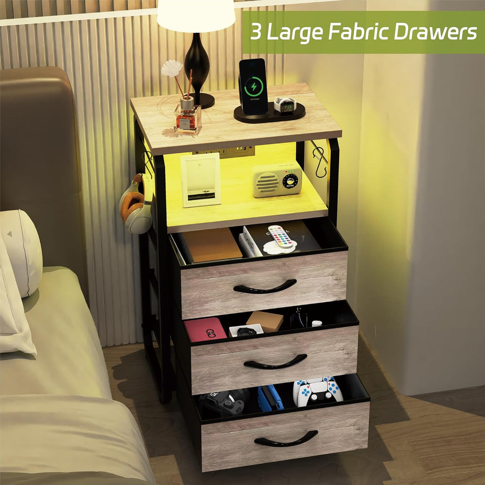 runjuly Bed Side Table with 3 Fabric Drawers, Night Stand with Charging Stati...