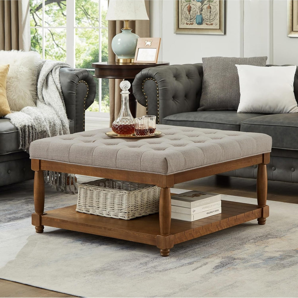 Large Square Upholstered Tufted Linen Ottoman Coffee Table, Large Footrest Ot...