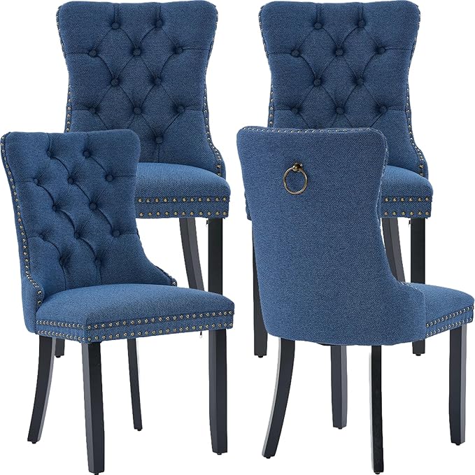 Modern Dining Chairs Set of 4, Tufted Upholstered Dining Chairs with Solid Wood Legs, Blue Linen Fabric Kitchen Chair, Sillas de Comedor, Comfy Kitchen Chair (Blue, Linen, 4Pcs)