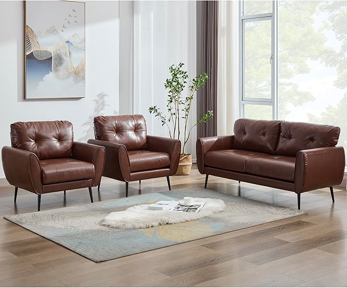 TYBOATLE Sofa Couch 61" Small Loveseat Couches for Living Room Leather Couch Mid Century Modern Tufted Mini Sofa Comfy Office 2 Seat Settee Love Seat Loveseat for Small Spaces Bedroom (3, Brown)