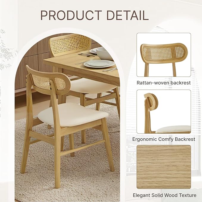 Wooden Dining Chairs Set of 4, Upholstered Modern Dining Room Chairs, Mid Century Oak Wood Kitchen Chairs with Rattan Backrest for Farmhouse, Kitchen, Restaurant (Cream Fabric & Original Color)