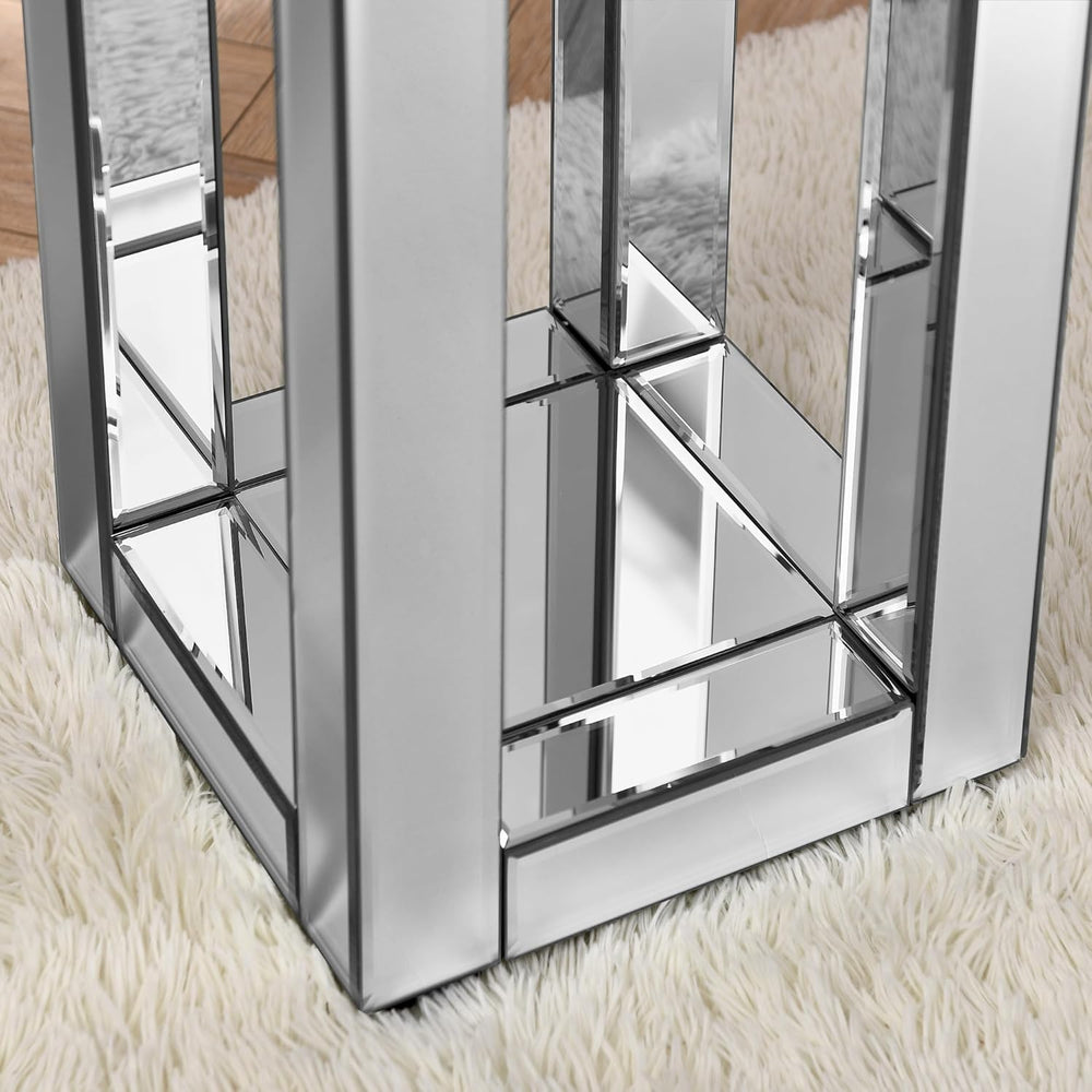 Silver Mirrored Side Table with Crystal Inlay for Small Spaces, Luxury Modern...