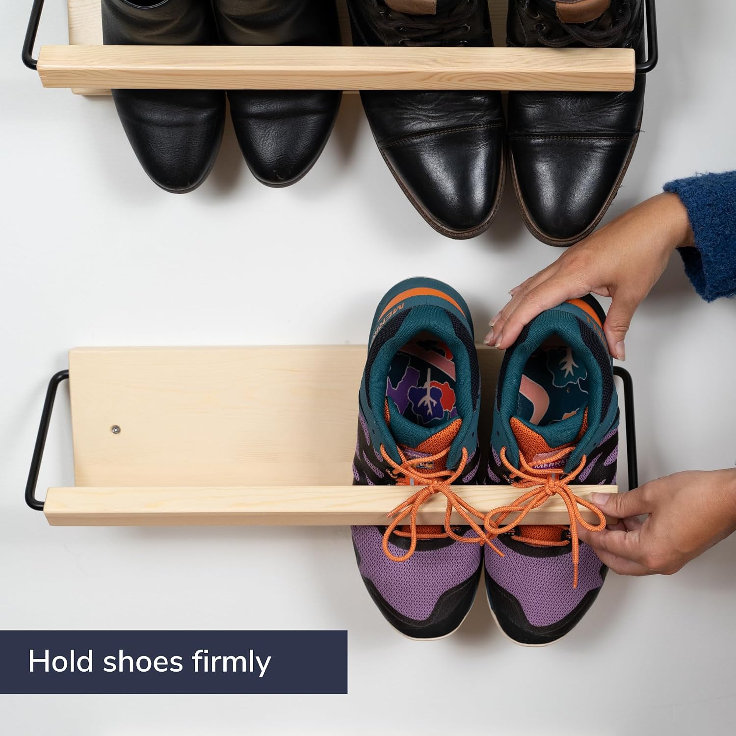 Wall Mounted Shoe Rack - A Wooden, Modern, Slim, and Small Shoe Storage Solution for Shoes and Boots in Narrow Spaces, entryways, or hallways. (20-in-Wide, Pack of 2)