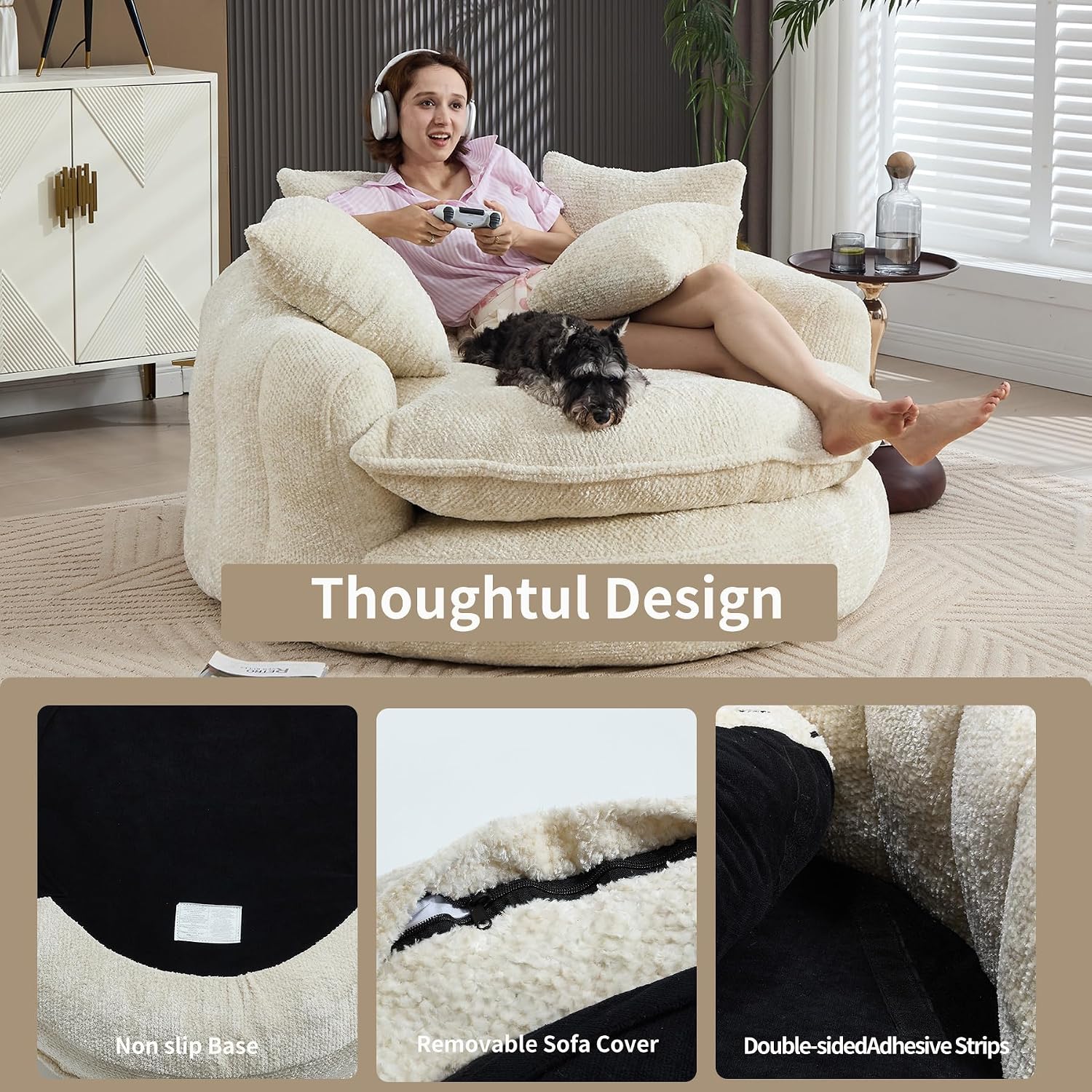 Oversized Fluffy Chenille Lounge Sofa - Extra Deep Seat Cozy Reading Circle Couch for Living Room | Indoor Lounge & Oversized Round Accent Design (Beige)