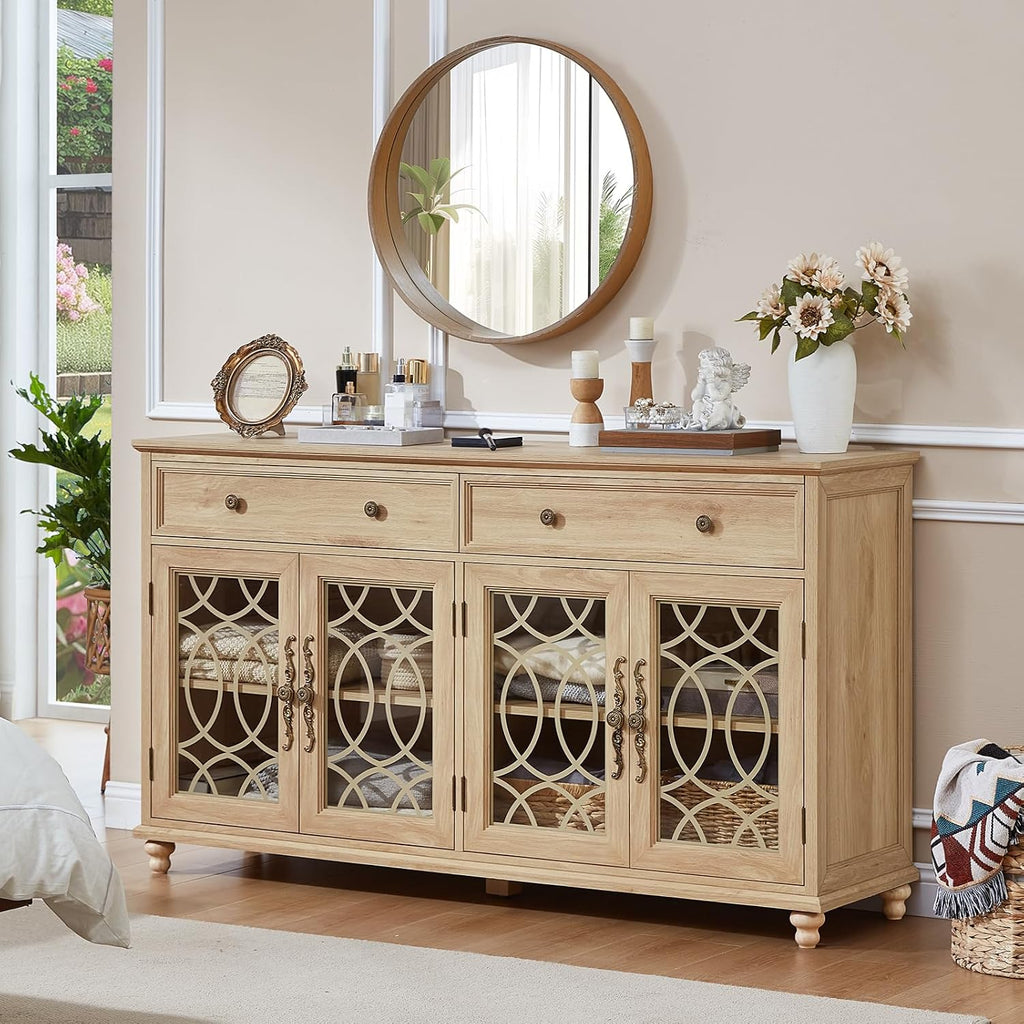 Joaxswe Farmhouse Sideboard Buffet Cabinet with Storage,59" Large Credenza with 4 Glass Doors & 2 Drawers,Adjustable Shelves Console Table,Wood Kitchen Coffee Bar for Dining Room,Living Room,Natural