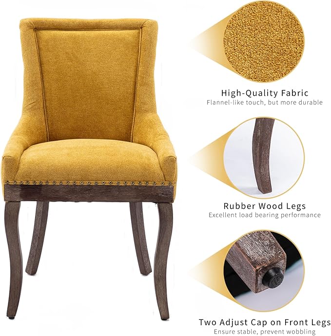 Gold Dining Chairs Set of 8, Kitchen & Dining Room Chairs, Fabric Upholstered Dinning Chairs, Sillas De Comedor, Nailhead Trim, Wood Legs (Yellow, 8 Pcs)