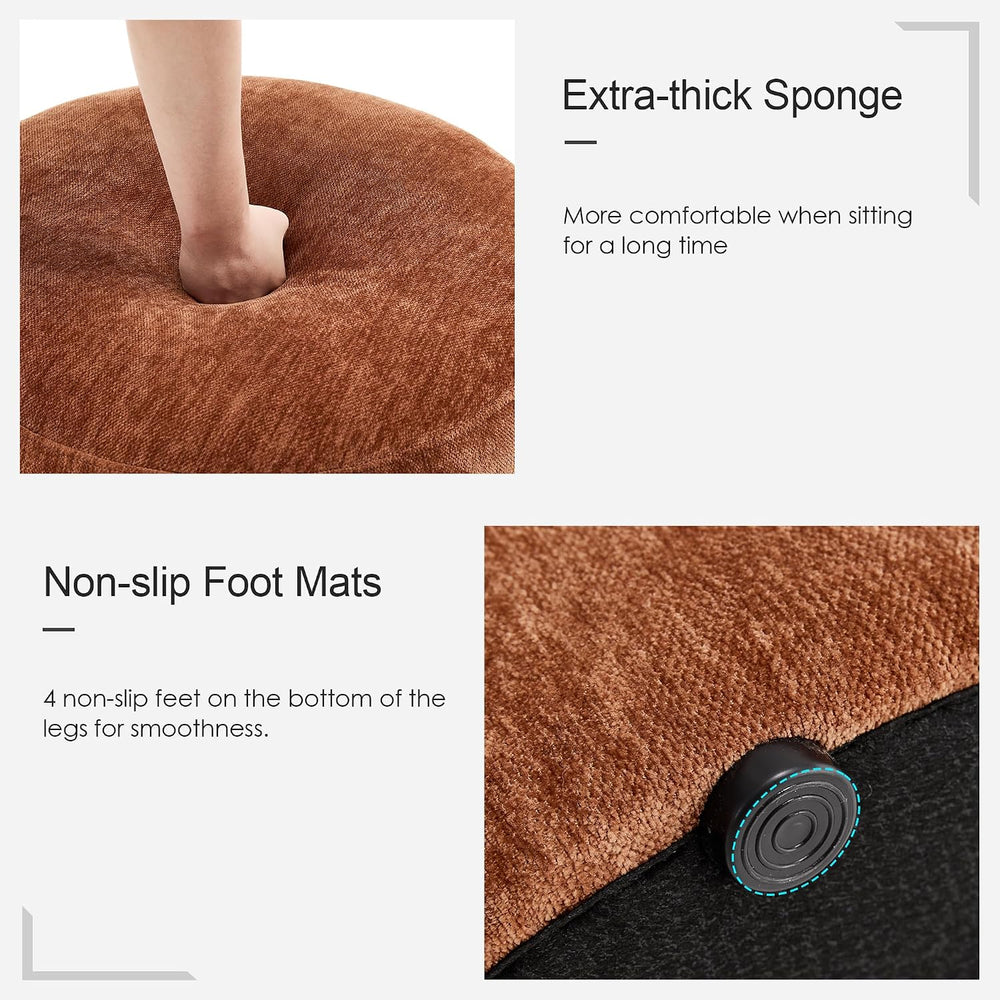 Upholstered Round Pouf Ottoman, Modern Footstool, Orange-Brown | Small Chenil...