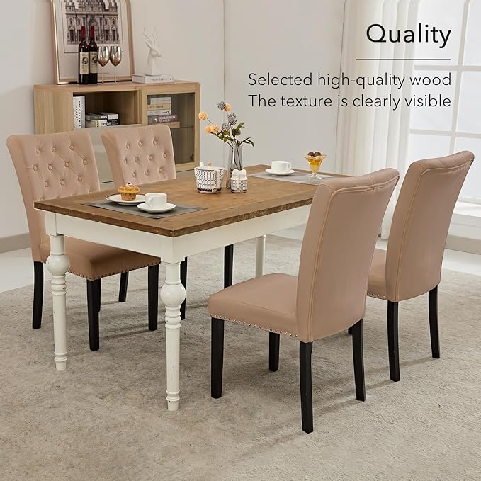 Velvet Dining Kitchen Chair Set of 2, Parsons Upholstered Dining Room Chair, Wood Accent Chair with Nailed Trim, Camel
