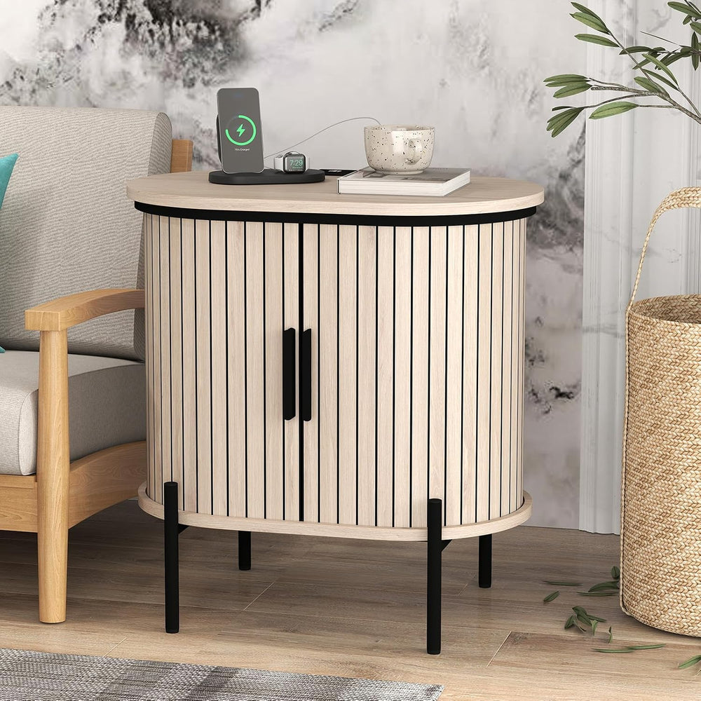 Bonzy Home Round Nightstand with Storage, Fluted Side Table with Charging Sta...