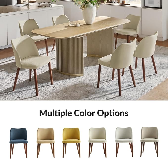 Dining Chairs Set of 2, Upholstered Kitchen Dining Room Chair Set Morden Accent Side Dinner Chair with Curved Padded Back Wood Legs for Restaurant/Cafe, Ivory