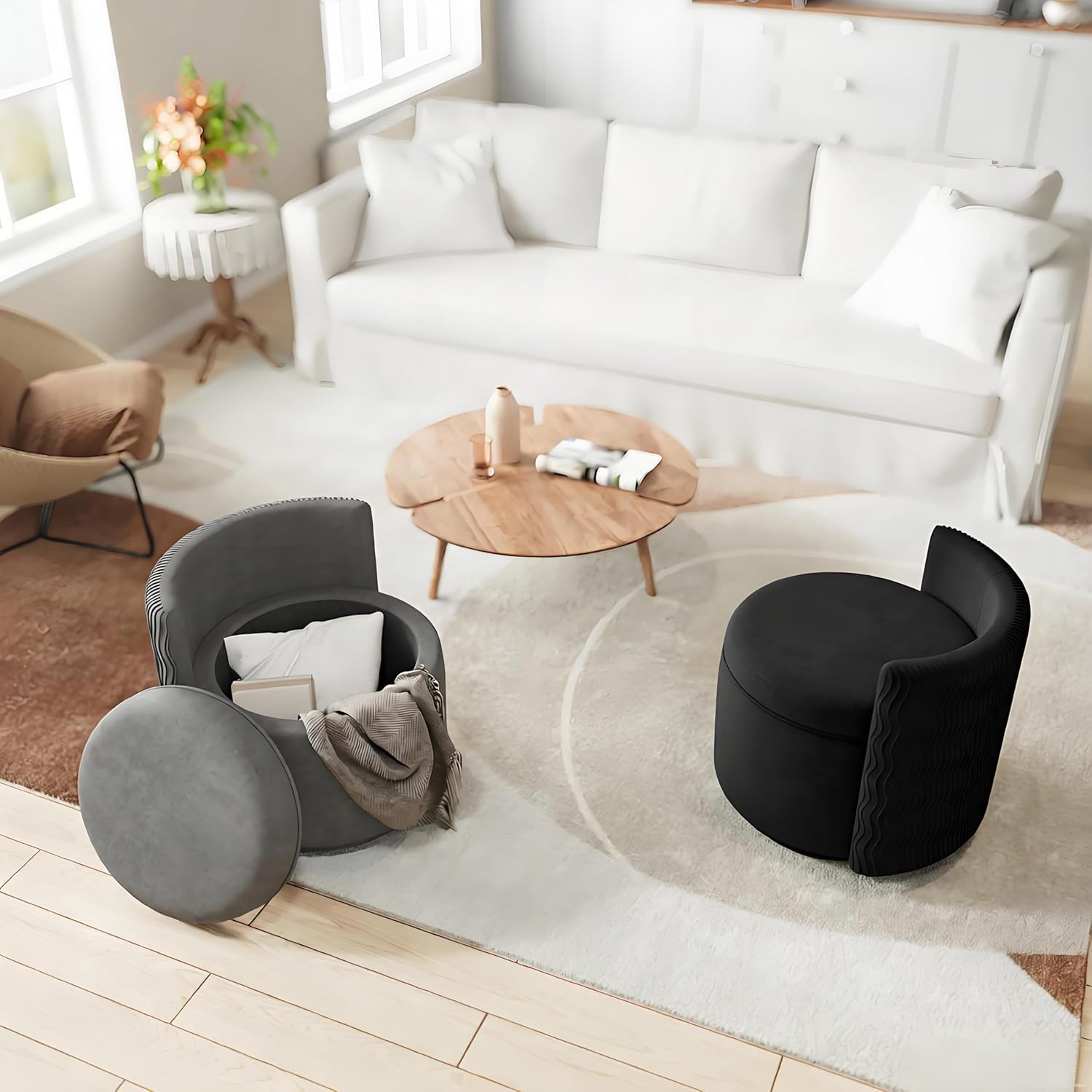 allamazing 360° Swivel Accent Chair with Storage, Vanity Stool with Back, Velvet Storage Ottoman, Upholstered Round Barrel Vanity Chair for Living Room, Makeup Room, Bedroom (Black)