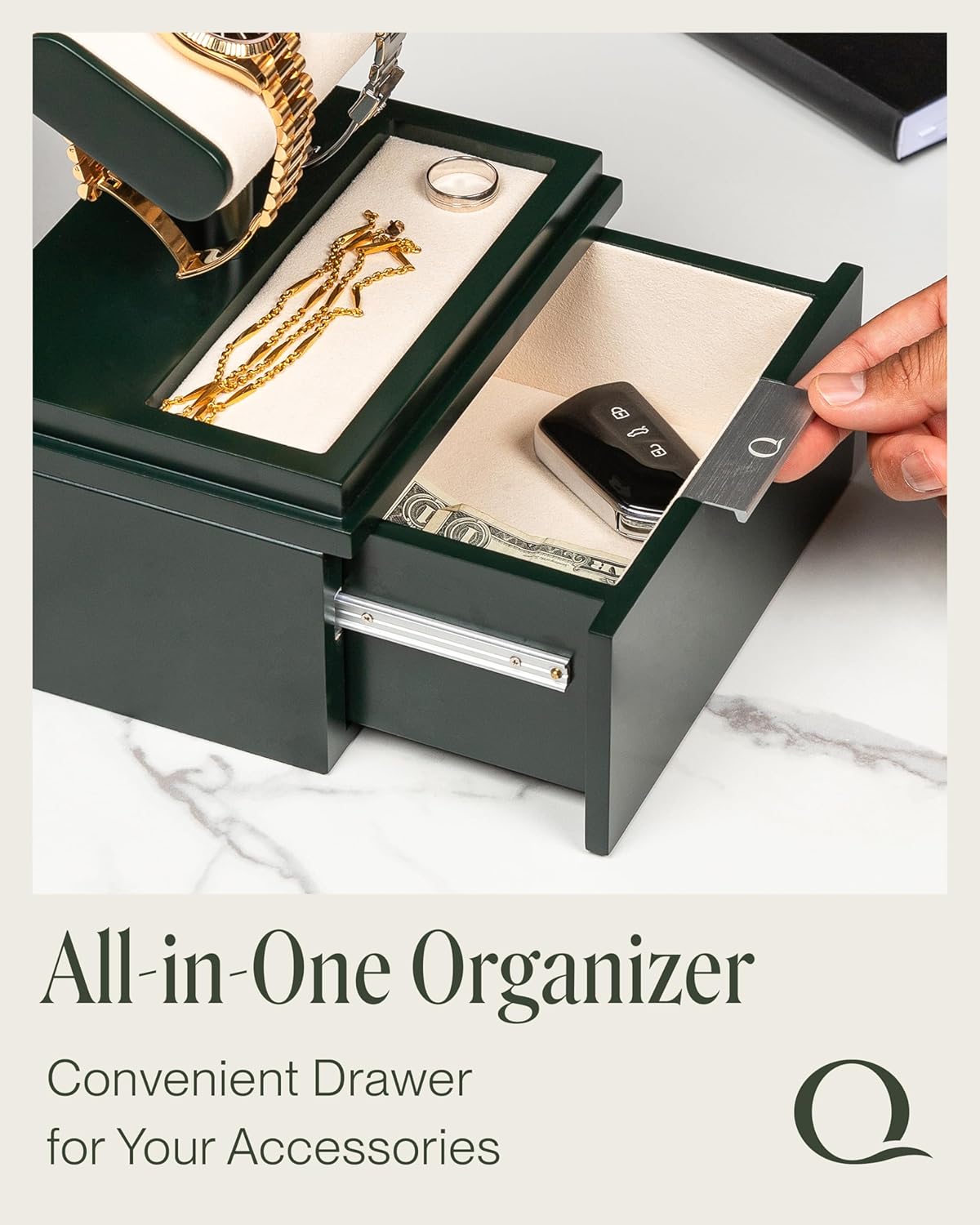 QWATCH Watch Stand Display Case - Acrylic Watch Box for 2 or 4 Watches with Jewelry Valet Tray and Drawer