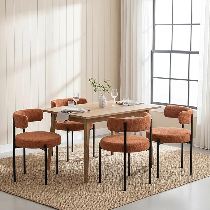 Boucle Dining Chairs Set of 6, Rust Dining Chairs with Upholstered Seat and Round Back, Mid-Century Modern Kitchen Chairs for Dining Room, Restaurant