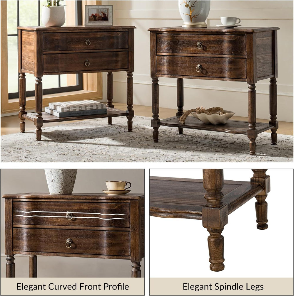 HULALA HOME End Table with Charging Station, Solid Wood Side Table with 2 Dra...
