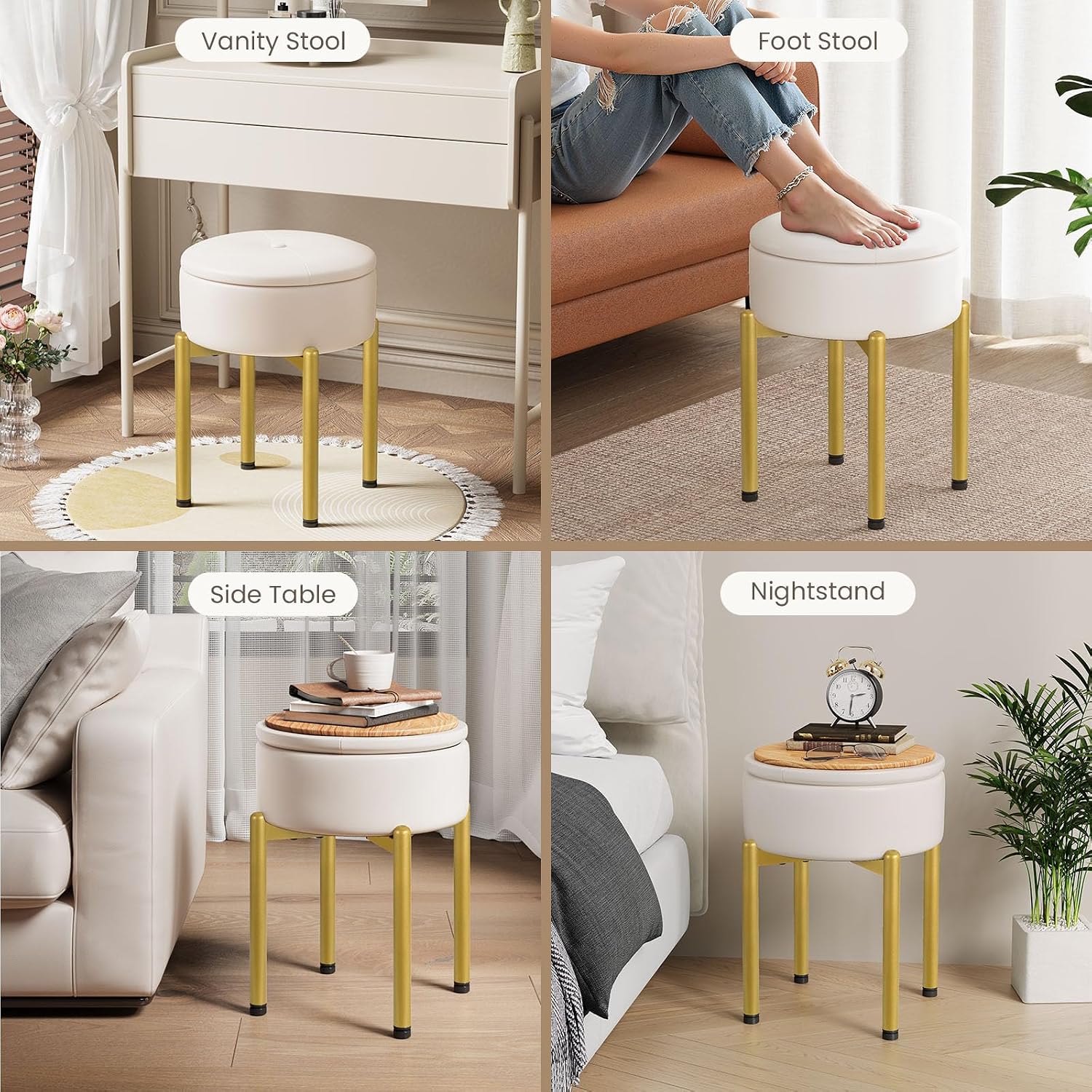 Memobarco 18-Inch Leather Vanity Stool Chair with Storage, Vanity Bench with 4 Golden Metal Legs & Anti-Slip Adjustable Feet,Round Storage Ottoman Stool with Removable Soft Padded Seat, White