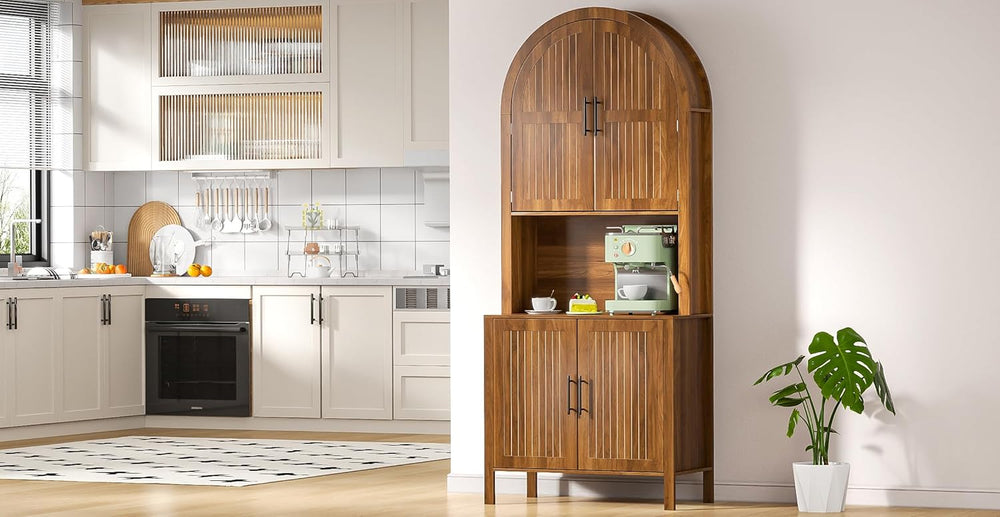 76" Tall Arched Kitchen Pantry,Large Storage Cupboard with Fluted Doors,...
