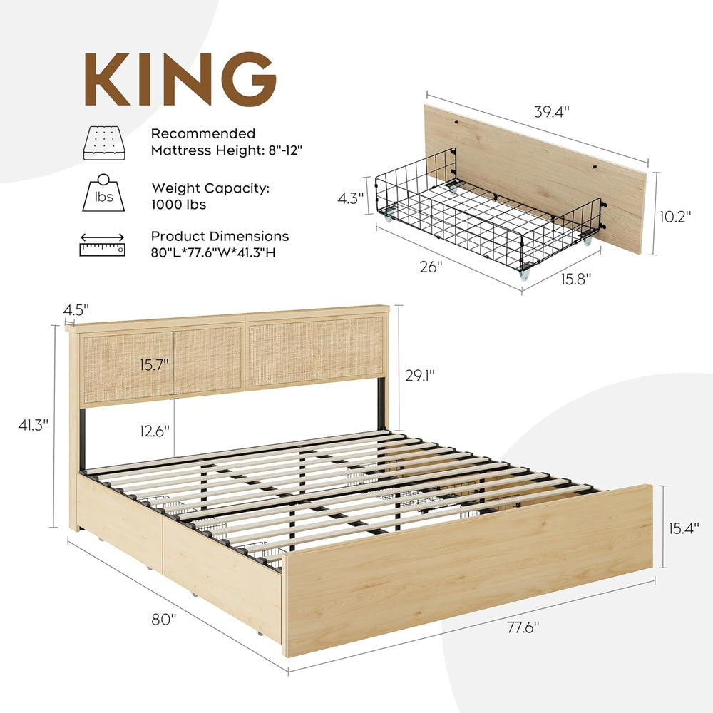 Brafab Natural Rattan King Bed Frame with Headboard, 4 Storage Drawers