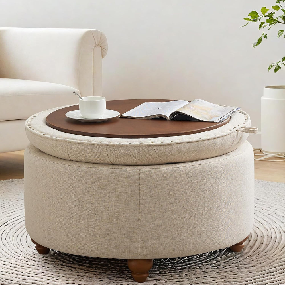 30'' Round Ottoman Coffee Table with Storage, Upholstered Tufted Otto...