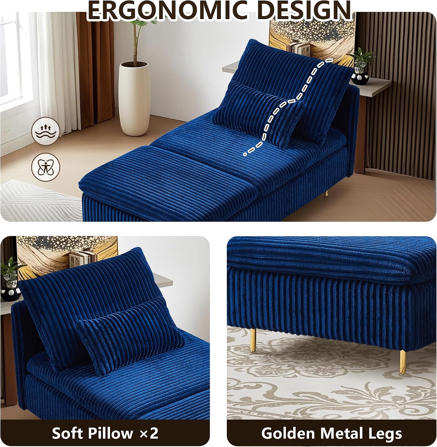 Chaise Lounge Chair Indoor 62.6" Upholstered Recliner Sofa Blue | Corduroy Modern Sofas with Support Pillow, Golden Metal Legs Sleeper Sofa for Bedroom, Living Room, Office