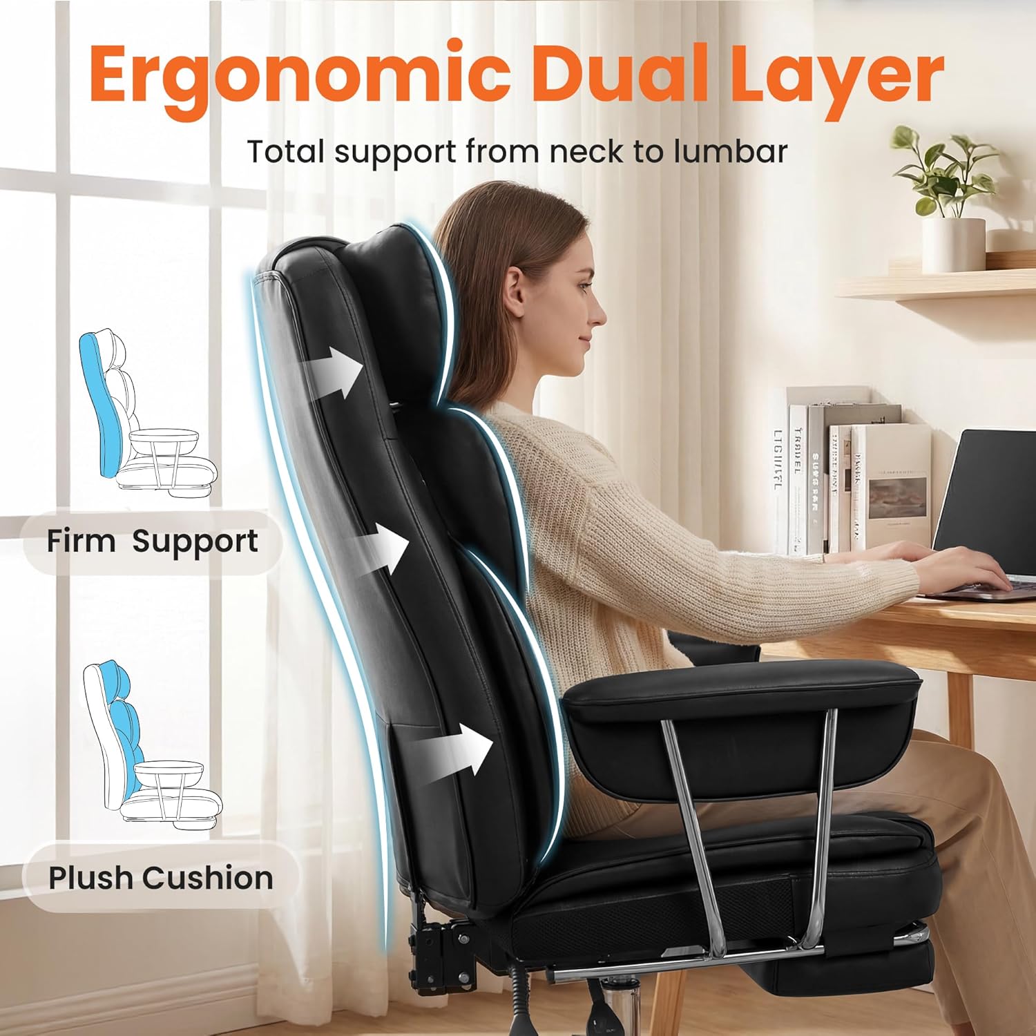 NEO Chair Big and Tall Offie Chair Gaming Computer Chair High Back Heavy Duty Desk Chai with Lumbar Support Adjustable Recliner Footrest Wide Seat Leather Executive Home with Wheels (Leather Black)