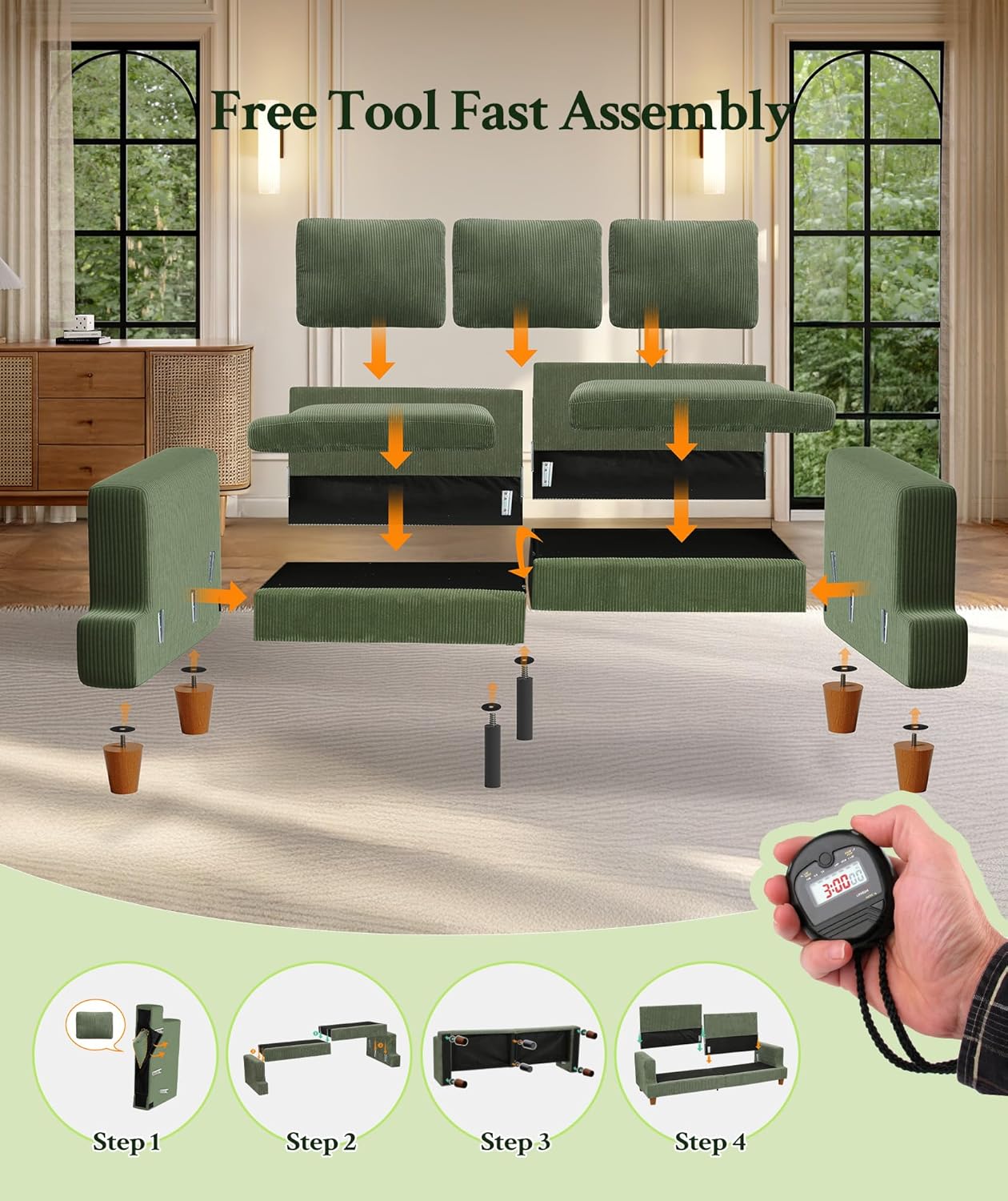 Welzona 87.2" Couches for Living Room, Comfy Green Couch 7.5" Extra Thick Cushion, Sofas for Living Room Tool-Free Setup, Loveseat Sofa 848lbs Support, Corduroy Couch for Bedroom, Apartment, Office