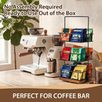 3 Tier Rotating Tea Bag Organizer, Iron and Acacia Wood 360°Spinning Carousel 150 Teabags Holder with Handle for Easy Moving, 12 Compartment Caddy for Pantry Kitchen Office Gift Giving(No Assembly)