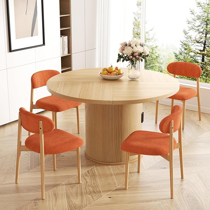 Wooden Dining Chair Set of 1, Modern Dining Chairs with with Curved Back, Fabric Upholstered Kitchen Dining Room Chairs with Adjustable Legs for Farmhouse Dining Living Room,Orange