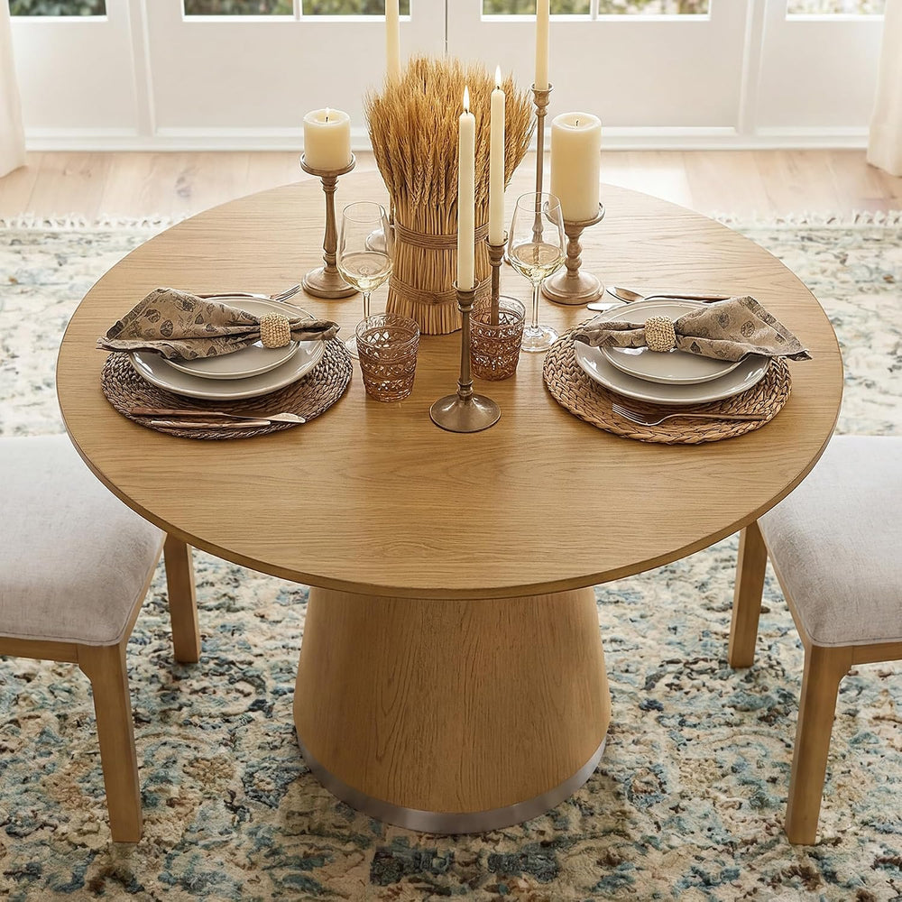 WAMPAT 43-Inch Pedestal Round Dining Table for 2-4, Oak Brown Wood Grain | Mi...